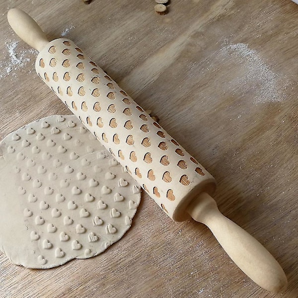 Wooden Embossing Roll Tool Cake Diy Heart Pattern Valentine's Day Baking Cookies 240931