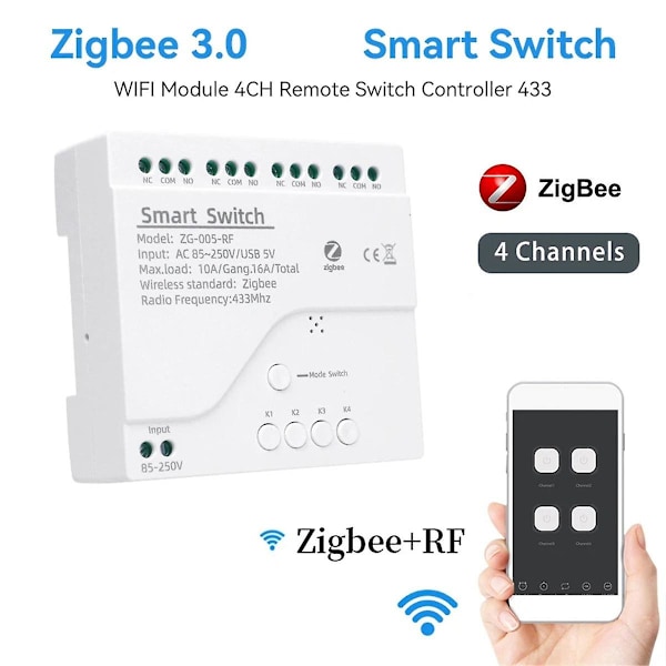 4 Kanavainen Tuya ZigBee Älykytkinmoduuli RF433 Älykotiautomaatio DIY Katkaisija Langaton Rela V