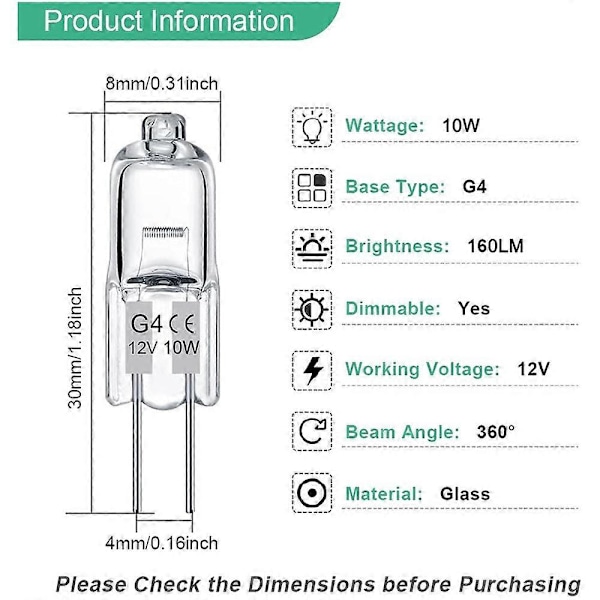 G4 halogenlampor 10W 12V - Varmvit - 20-pack 10W