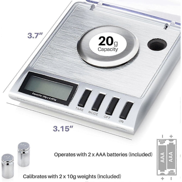 Smart Weigh Gem20-20g X 0,001 gram, digital milligramvåg med hög precision, smyckesvåg, omladdningsvåg, smyckes- och ädelstensvåg, kalibreringsvikter och pincett