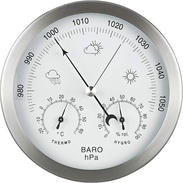 Analoginen sääasema 3-in-1 ruostumattomasta teräksestä 132 mm - Barometri, lämpömittari, kosteusmittari, hopea