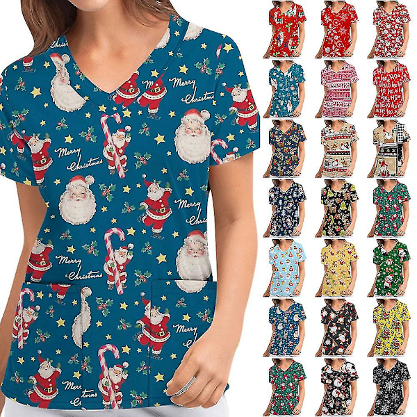 Christmas Women Nursing Uniform Scrub Short Sleeve T-shirt Xmas Blouse Tee Tops V Neck