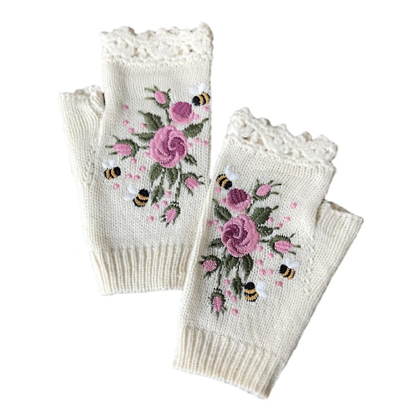 Fashion Womens Flower & Bee Embroidery Gloves Knitted Fingerless Mittens Gloves Winter Warm