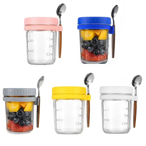 Glass Overnight Oats-krukker med lokk - 350 ml Overnight Oats-krukke med skjeer og lufttette fargerike plastlokk, mattrygge frokostbeholdere for yoghurt