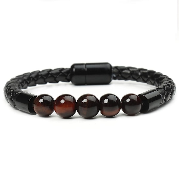 Mænds Halvædelstensarmbånd Sort Magnetisk Lukning Lava/Tigereje Kunstig Læder Flettet Armbånd Smykker Gave red tiger eye