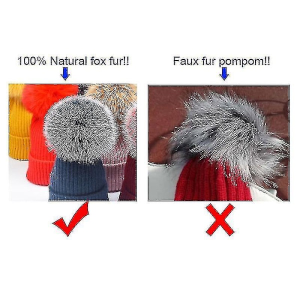 Håndlavede Huer med Meget Stor Hårtusset Pels Pompom og Spænde fox fur beige