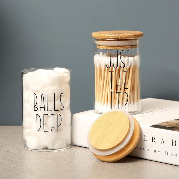 2 stk. Glas Qtips Holder Dispenser med Bambuslåg, Bomuldsrondel Rund Pindeholder