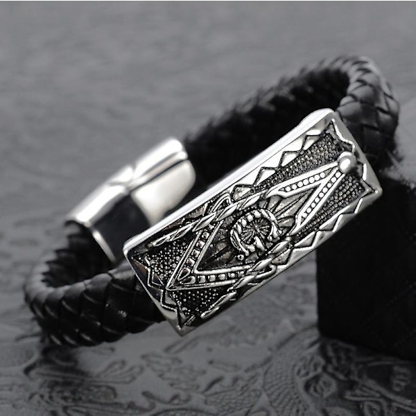 Klassisk Punk Gullfarget Lær Armbånd Frimurer Symbol Frimurer Armbånd Smykker - Yvan a10190-black