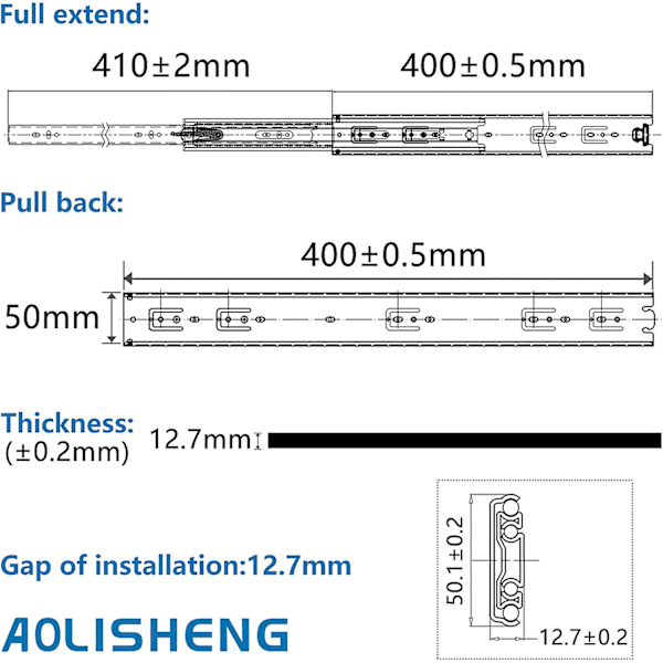 Kraftiga lådskenor 400 mm, kullagerlådskena med full utdrag, belastningskapacitet 68 kg 1 par