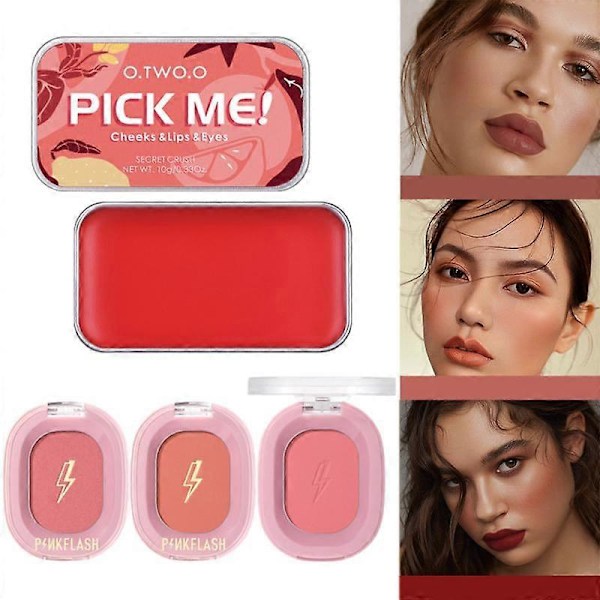 3-i-1 Matt Blush Palette Ansigtskind Blush Powder Ikke-smudsende Naturlig Langvarig Vandfast Rouge Kind/Læbe Dobbelt Brug Makeup a03