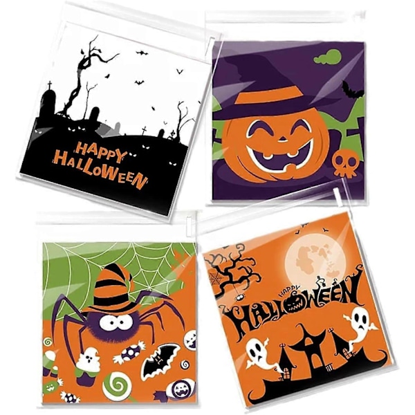 100 stk Halloween-poser med selvklebende lukning - Halloween-godteriposer, Halloween-kjeksposer, små trick-or-treat-poser til kjeks, kaker, godteri og gaver 2pcs