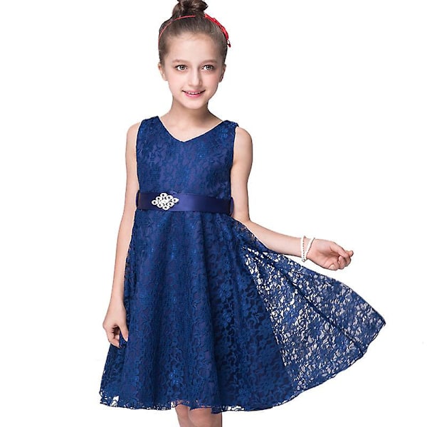 Piges Kjole i Blonder - Prinsesse Festkjole til Bryllup, Formelle Anledninger og Galla navy blue 8-9 years