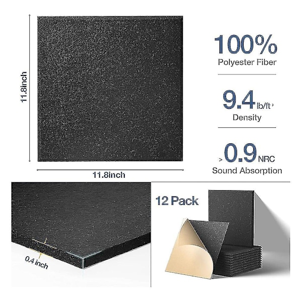 Självhäftande Akustikpaneler 12-pack, 12 x 12 x 0,4 tum, svart-mxbc