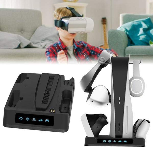 Multifunksjonell kontrollerladingstativ med varmespredning, LED-lys, VR-headsetbriller, hodetelefonstativ for PS VR2, kompatibel med PS5-kontroller, Qinghai