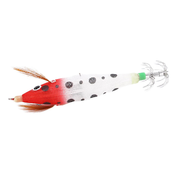 Luminous Squid Jig Fiskeagn - Hård Agnsfisk til Hav, Flod og Damfiskeri (Rødt Lys, Hvid Krops, Sorte Pletter)