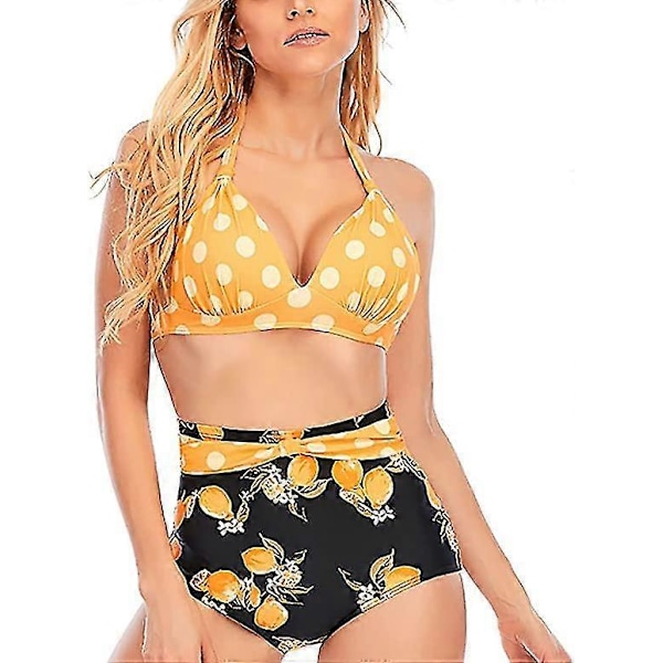 Retro Polka Dot Halter Høy Livet Bikinisett Todelt Badetøy s