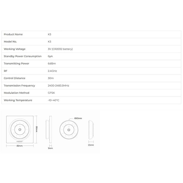 K3S Panel Thumbwheel Fjernbetjening 2.4G Lysstyrke Farvetemperatur Justerbar Trådløs Controller Hvid