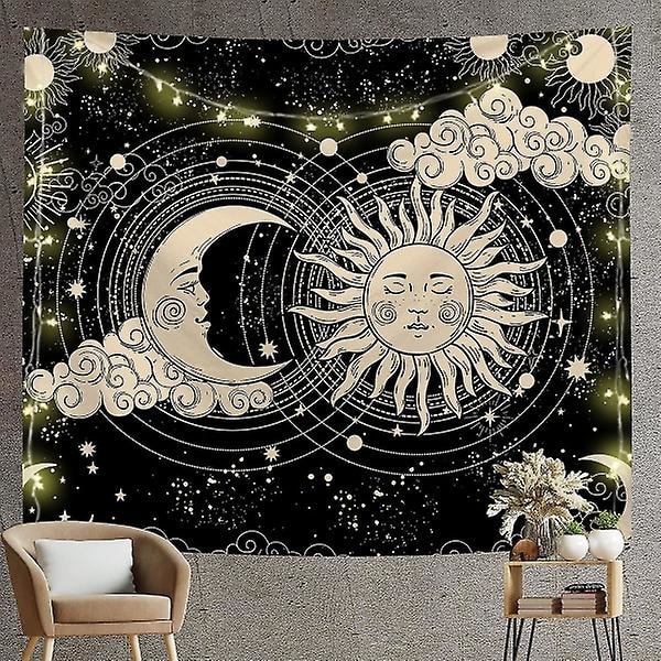 Taidetapetti Päivä Ja Kuukausi Seinävaate, Musta Tarot-Kortti Tähdistö Tapetti, Aurinko Ja Kuu Seinä 150x130 Cm