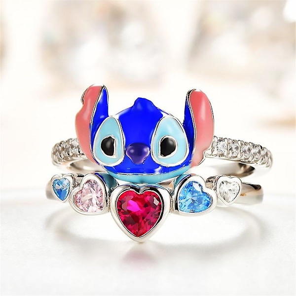 2 stk/sett Lilo & Stitch ringer med glitrende hjerte kubisk zirkonia ring kvinner jenter smykker gave 10