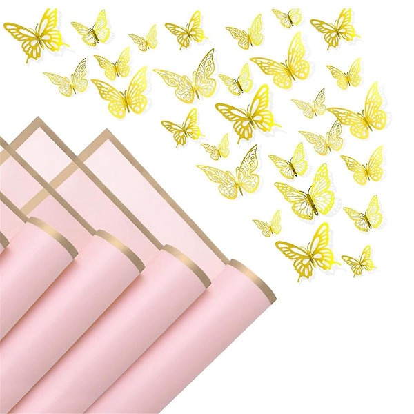 20 Sheets Gold Edge Flower Wrapping Paper With 48 Pcs 3D Gold Butterfly Stickers, Florist Bouquet DIY Craft