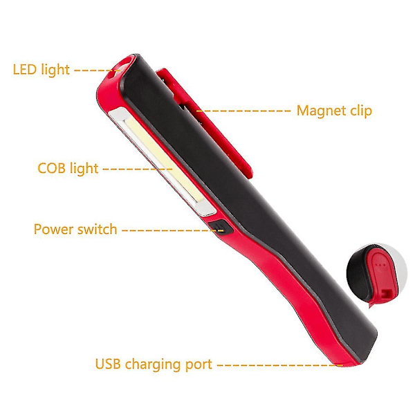 Bærbar pennformet COB LED lommelykt USB-oppladbar magnetisk arbeidslyslampe