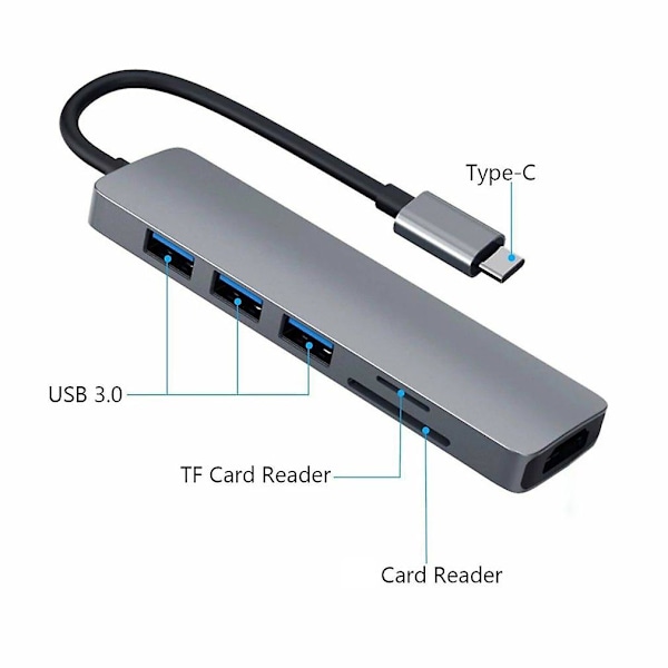 Dockingstation 6 i 1 Typ-c till Hdmi-kompatibel Usbx3 Tf