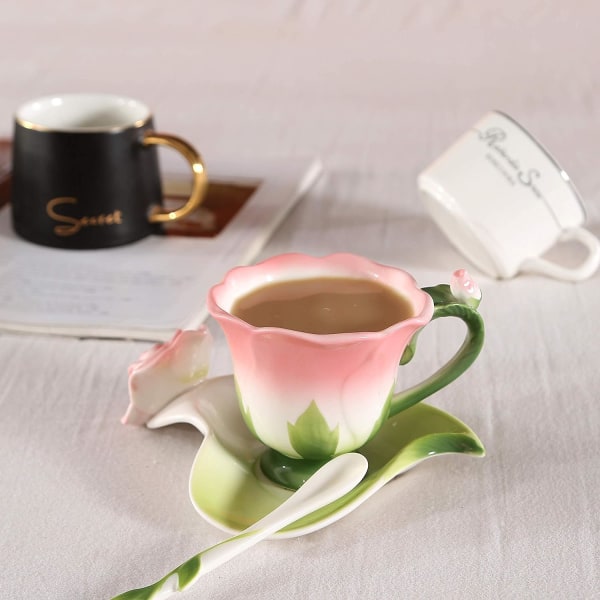 Handgjorda samling av porslin kaffekoppar med tekoppar med fat och sked Rose  Form (rosa) c0ba | Fyndiq