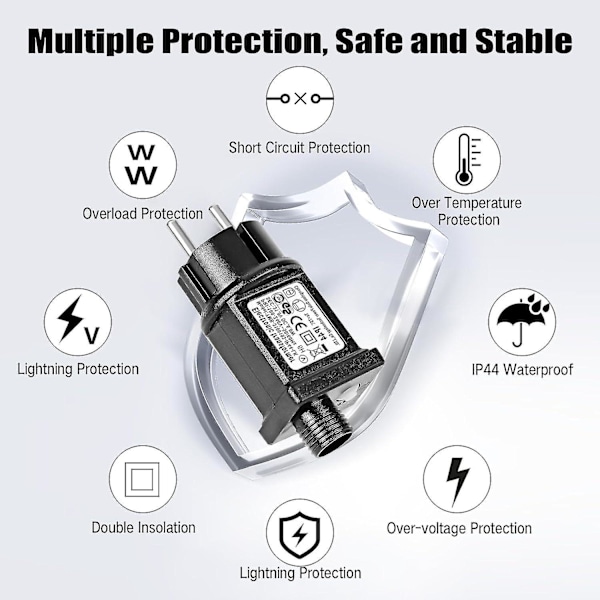 2 stk. Transformer 31V 6W LED Strømforsyning, Lavspændingsadapter Blinklys IP44 med 8 Tilstande, Timer og Hukommelsesfunktion til Julelys