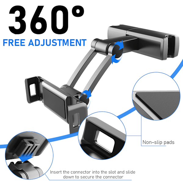 Bilsete Hodegavlmontering Holder 360 Rotasjon Ipad Telefonholder Stativ