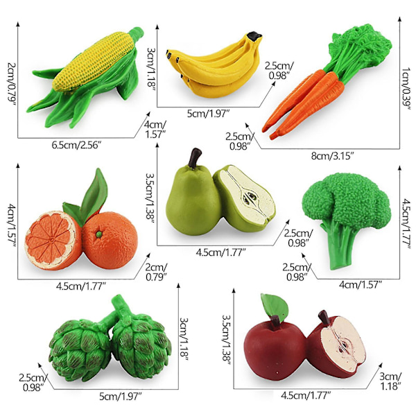 8 stk. Simuleringsfrugter og -grøntsager Model Sæt Orange Banan Gulerod Majs Broccoli Legetøj Børn Undervisningslegetøj 241861