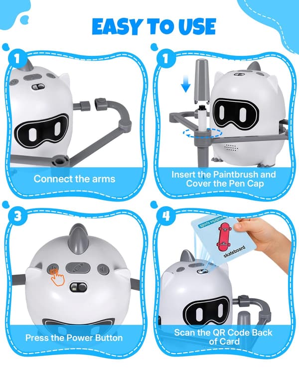 Ritrobot för barn 3-8 år, smart skanning, musik, 200 ritkort