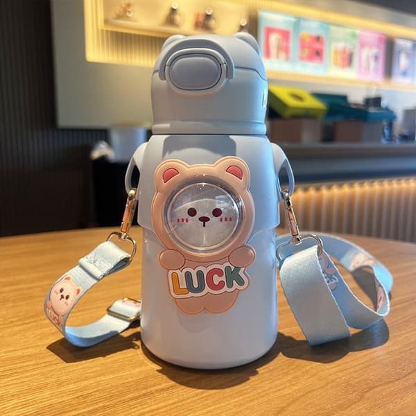 500 ml tecknad barntermos med sugrör, läckagesäker termos, kawaii blå vattenflaska