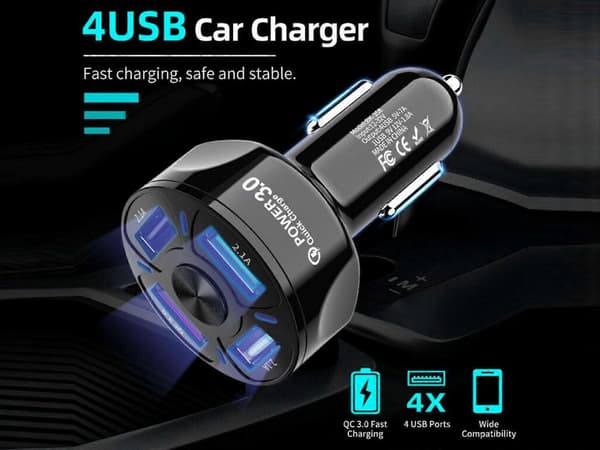 4 USB QC 3.0 Hurtiglader Biladapter Biltilbehør med LED-lys