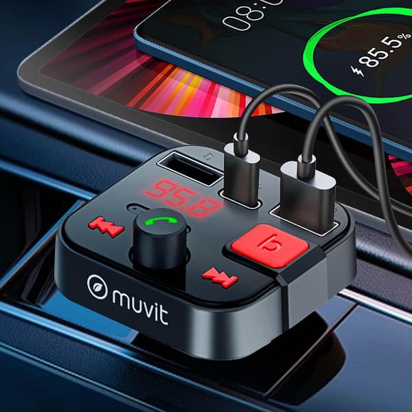Bluetooth FM-lähetin autolaturi USB- ja USB-C-portilla, musta