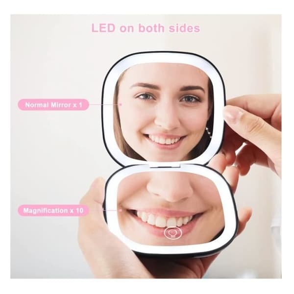 LED-meikkipeili - 10x suurennus - Ladattava - Musta