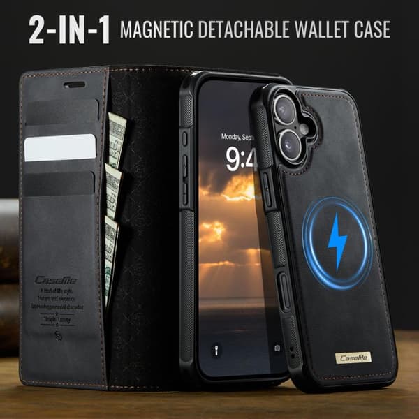 iPhone 17 Case Leather Case with MagSafe and RFID Blocking, Detachable Wallet Svart