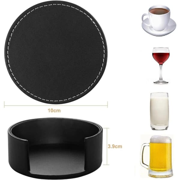 Sæt med 6 runde sorte coasters i imiteret læder med holder