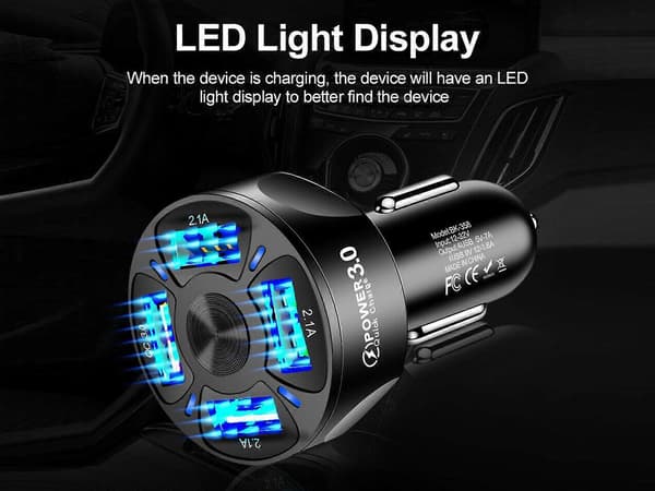 4 USB QC 3.0 Hurtiglader Biladapter Biltilbehør med LED-lys