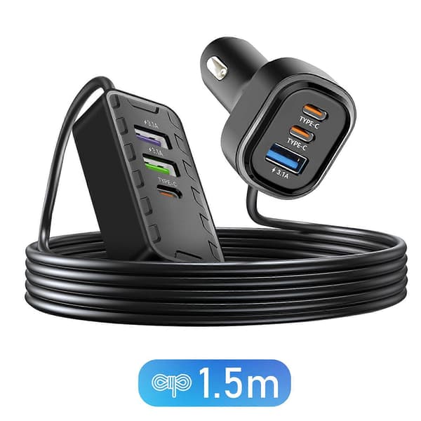 Biloplader 22.5W 3 USB-C + 3 USB Forlængerkabel 1.5m, Sort