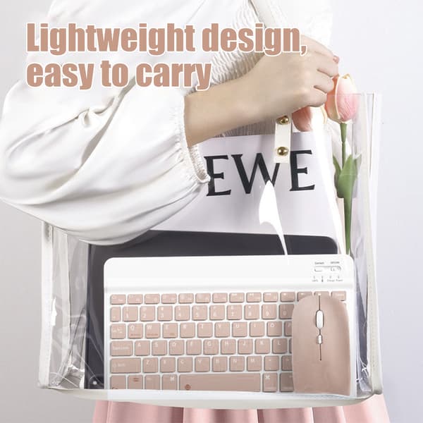 Bluetooth Keyboard and Mouse Combo - 10-inch Rechargeable Wireless Keyboard and Mouse Set with Case (Pink)