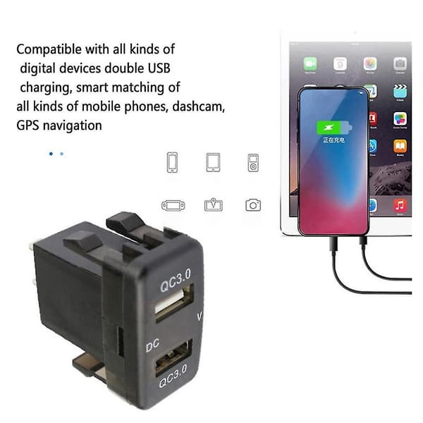 Bil Dobbel Usb3.0 Hurtiglading Med Display Voltmeter Svart Og Grønn Spenningsbillader For