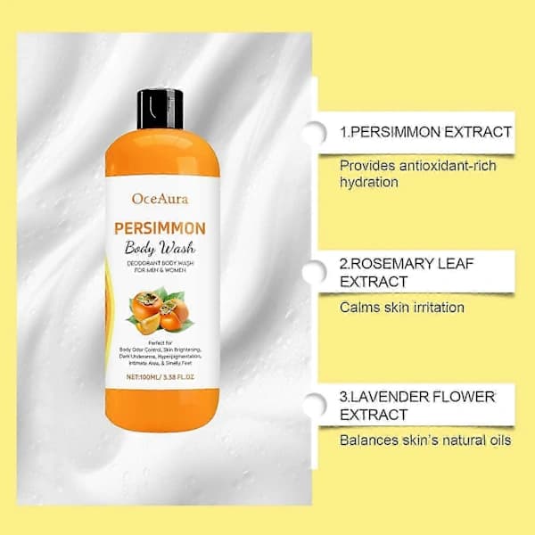 3x Persimmon Scented Shower Gel, Effectively Removes Body Odor - Cleansing and Deodorizing Soap, Eliminates Unpleasant Odor