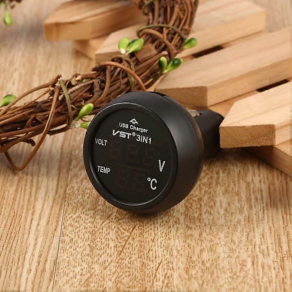3-i-1 Digital LED USB Billader Voltmeter Termometer Bilbatteriovervåker No.94649