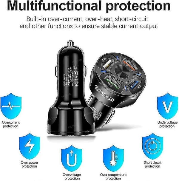 USB-biloplader, 4i1, 7A 35W USB med LED-lys, 12-32V