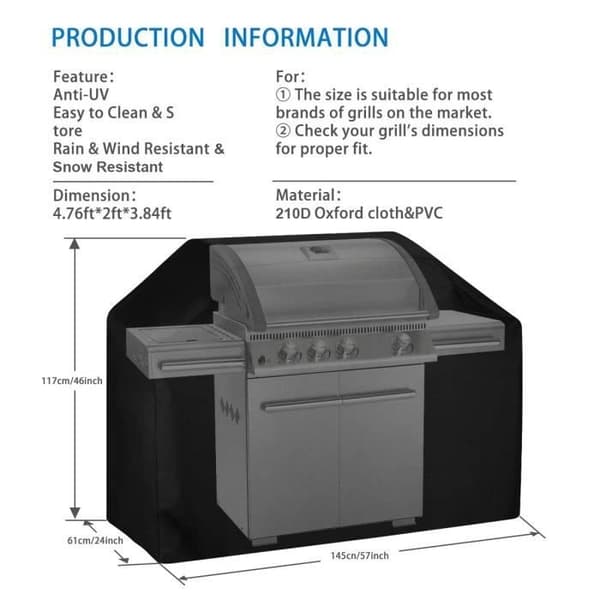 (Black) WINPOWER Grill Cover - 145x61x117cm - Black - 201D polyester