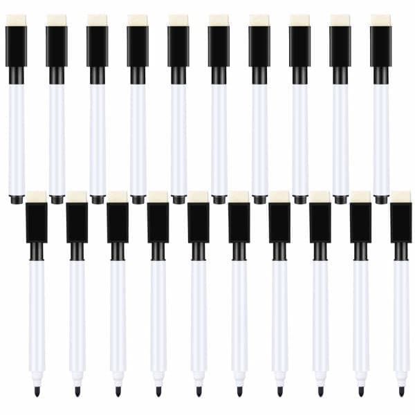 20 stk. Små Whiteboardtusser - Sorte Whiteboardtusser med Viskelæder, Fin Spids Whiteboardtus til Børn (Sort)