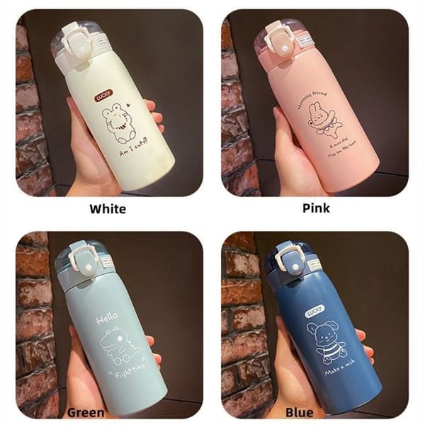 Water bottle/thermos mug with straw, cartoon design + random sticker + pink shoulder strap