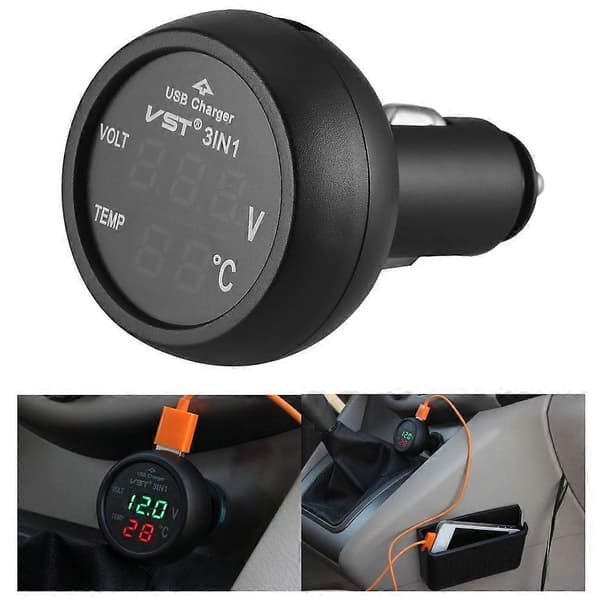 3-i-1 Digital LED USB Billader Voltmeter Termometer Bilbatteriovervåker No.94649