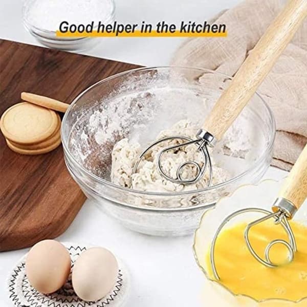 Egg Whisk, Dough Whisk, 3 Professional Kitchen Whisks, Wooden Handle Mixer, Danish Egg Whisk, 33.3*8.2 cm