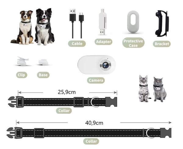 Adjustable Pet Collar Camera with Wide Angle - Clip-on, OTG &